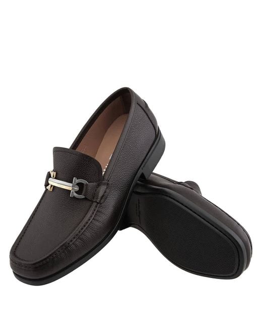 Ferragamo Black Maurice Hammered Leather Two-tone Gancini Buckle Loafers for men