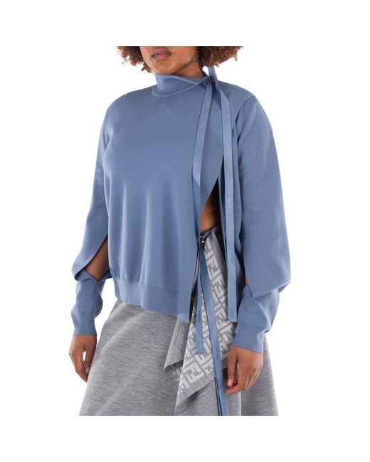 Fendi Blue Logo Detail Pullover Wool Sweater, Brand Size 44 Us