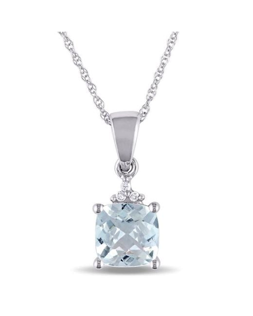 Amour White Cushion Cut Checkerboard Aquamarine Pendant And Chain With Diamond Accent