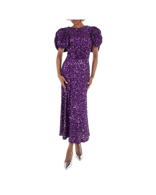 ROTATE BIRGER CHRISTENSEN Purple Puffed-sleeve Open-back Sequin Embellished Recycled-polyester Midi Dress