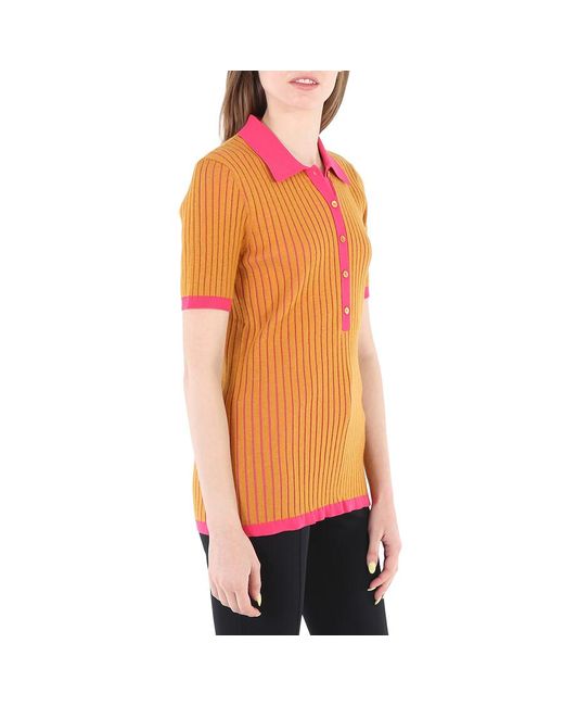 Burberry Red Knit Tops Solid Ochre Colorblock Ribbed Polo Shirt