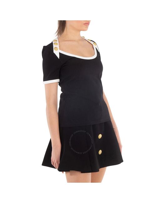 Balmain Black Button Open Collar Stretch T-Shirt