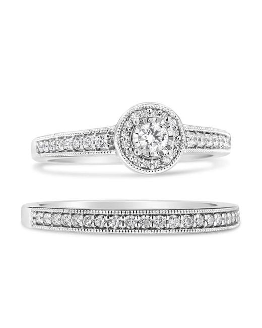 Haus of Brilliance Metallic 925 Sterling 1/2 Ctw Diamond Halo And Milgrain Engagement Ring Bridal Set