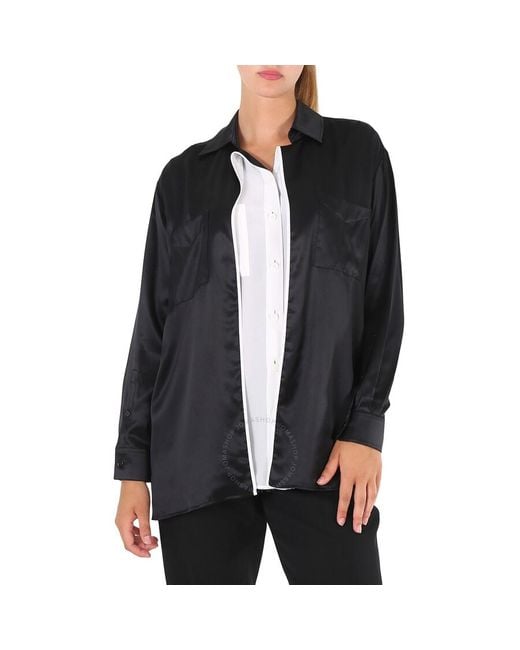 Burberry Black Logo Applique Silk Satin Long Sleeve Shirt