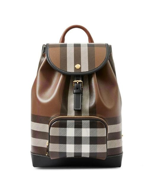 Burberry Brown Dark Birch Dark Check And Leather Backpack