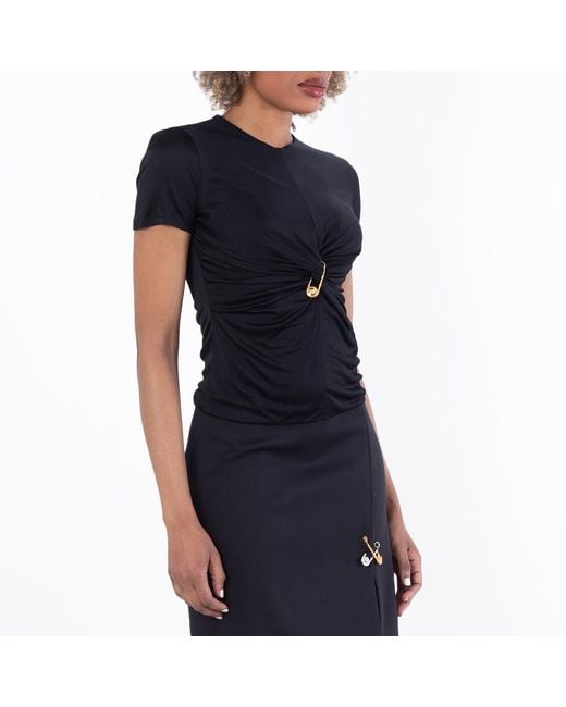 Versace Blue Safety Pin Gathered Viscose Top