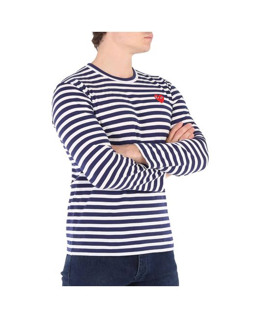 Comme des Garçons Blue Play Navy / White Long Sleeve Heart Logo Stripe Tee for men