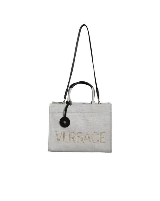 Versace Gray Top Handle Canvas Leather Logo Crossbody Tote Bag