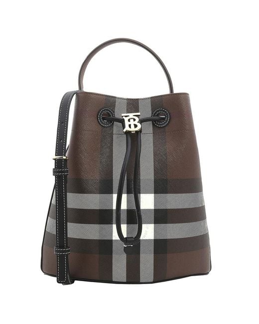Burberry Brown Dark Birch Logo Plaque Checked Drawstring Shoulder Bag