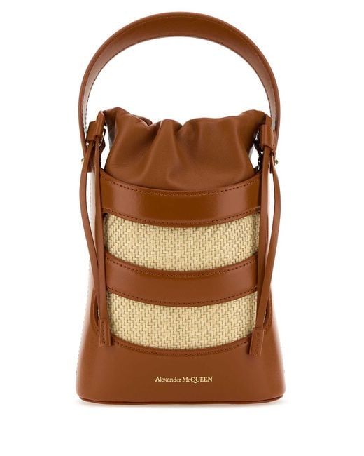 McQueen Brown Two-Tone Leather And Raffia Mini The Rise Bucket Bag