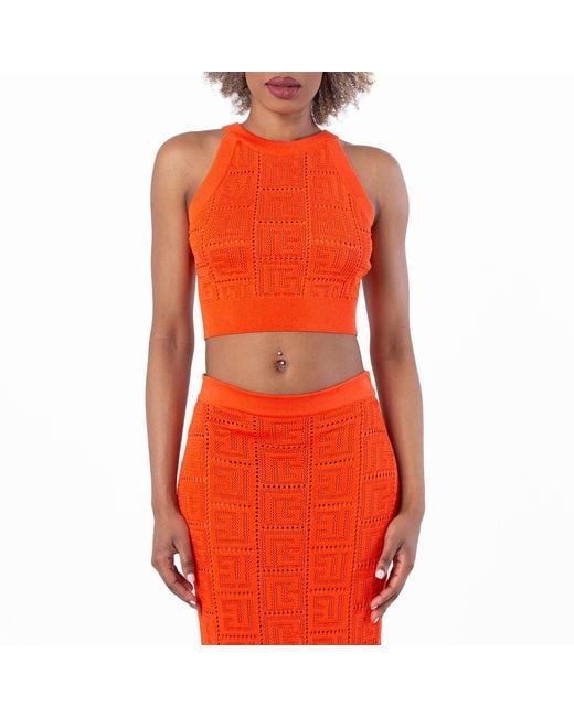 Balmain Orange Sleeveless Monogram Mesh Top, Brand Size 36 (Us