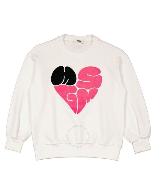 MSGM Pink Girls White Heart Logo Print Cotton Sweatshirt