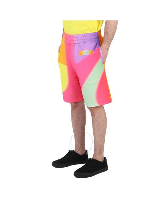 Moschino Pink Multi Rainbow Print Cotton Sweat Shorts for men
