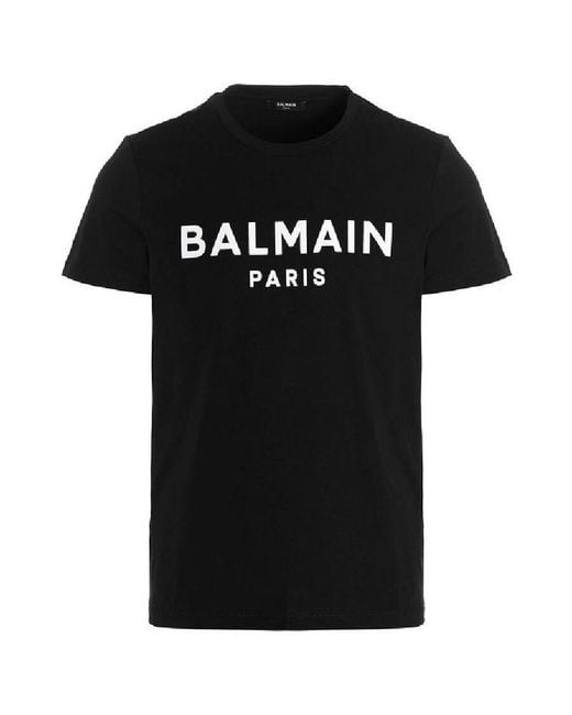 Balmain Black Flock Logo Print Cotton T Shirt for men