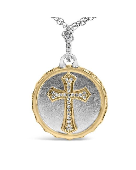 Haus of Brilliance Metallic 14K Plated Sterling 1/10 Cttw Diamond Cross Medallion Pendant Necklace