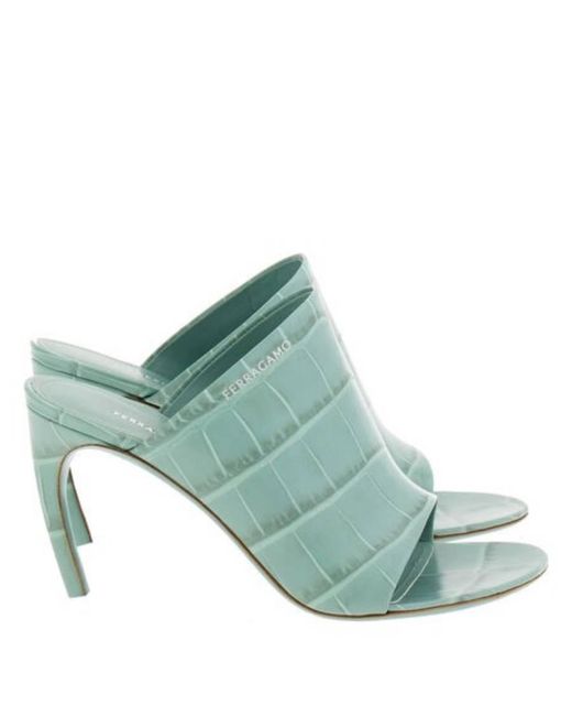 Ferragamo Blue Brina Croc-Embossed Mule Sandals