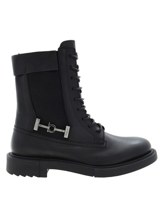 Ferragamo Black Leather Combat Boots for men