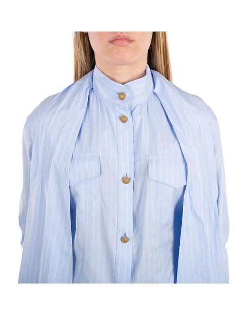 Balmain Blue Pussy Bow Striped Cotton Popeline Shirt