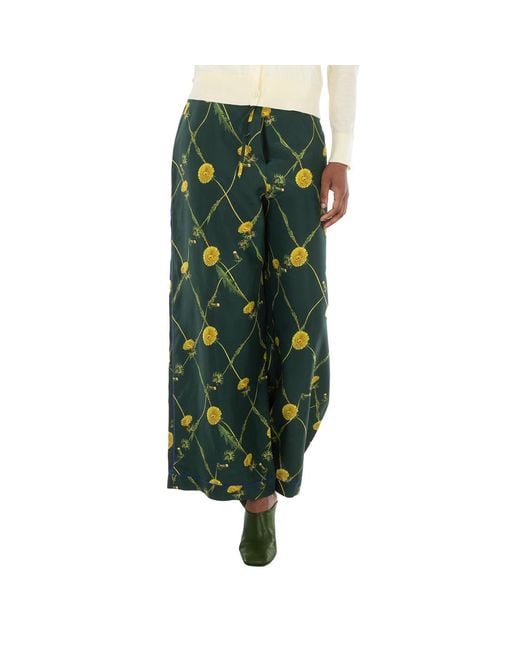 Burberry Green Dandelion Floral-Print Flared Trousers, Brand Size 4 Us