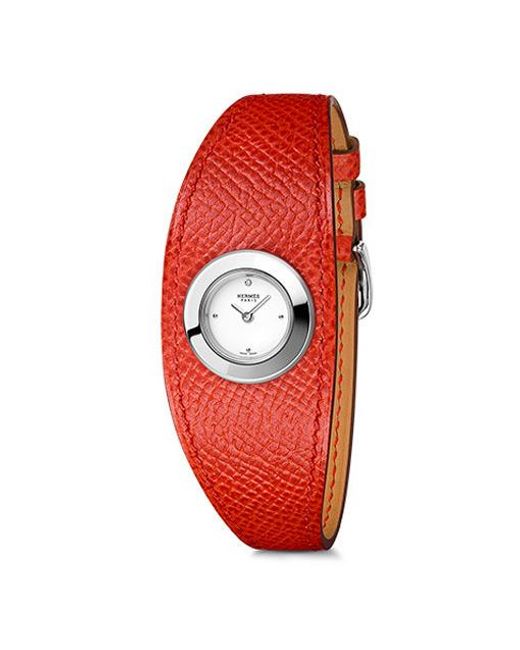 Hermès Red Faubourg Manchette White Diamond Dial Leather Watch