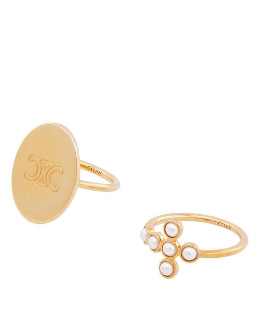 Céline Metallic Triomphe Folk Finish Brass And Resin Pearl Ring Set Of 2