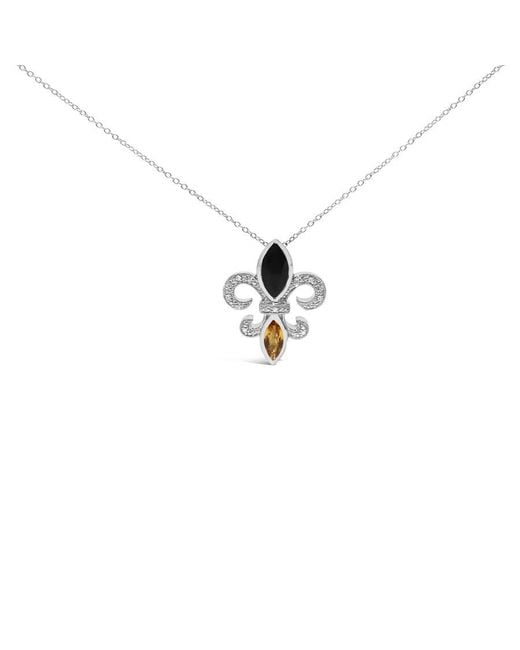 Haus of Brilliance Metallic 925 Sterling Marquise Onyx And Citrine And Diamond Accent Fleur De Lis Pendant Necklace (H-I Color, Si1-Si2 Clarity)