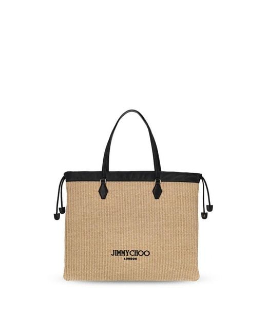 Jimmy Choo Natural Drawstring Logo Embroidered Tote Bag