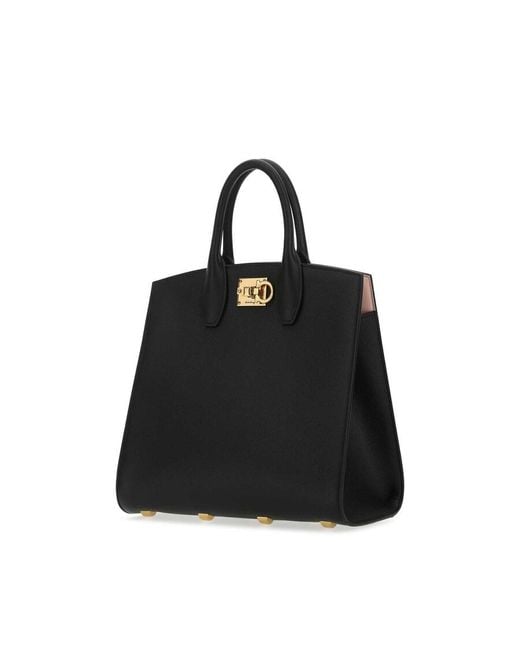 Ferragamo Black Leather The Studio Handbag