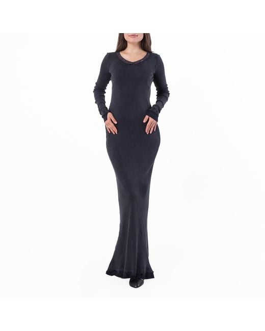 Balenciaga Blue Distressed Lace-Trim Long Sleeve Maxi Dress