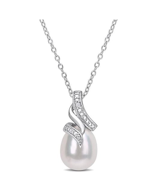 Amour Metallic 8.5-9Mm Freshwater Cultured Pearl And Diamond Accent Twisted Drop Pendant With Chain