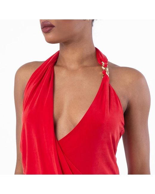 Balmain Red Draped Halter Neck Mini Dress