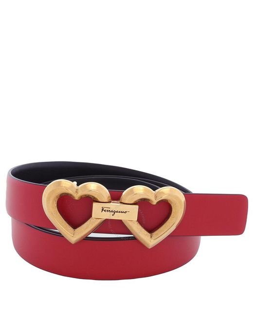 Ferragamo Red Salvatore Leather Heart Buckle Adjustable Belt