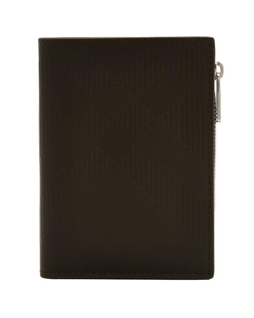 Burberry Black Military Embossed Check Zip Bifold Wallet for men