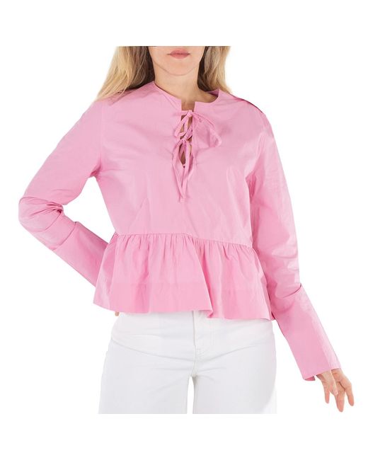 Ganni Pink Orchid Smoke Tie String Peplum Blouse