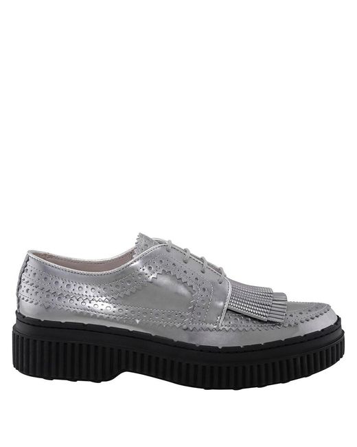 Tod's Gray Silver Leather Lace-up Brogue Shoes