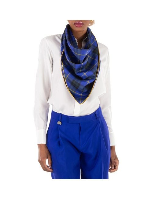 Burberry Blue Check Pattern Sqaure Silk Scarf