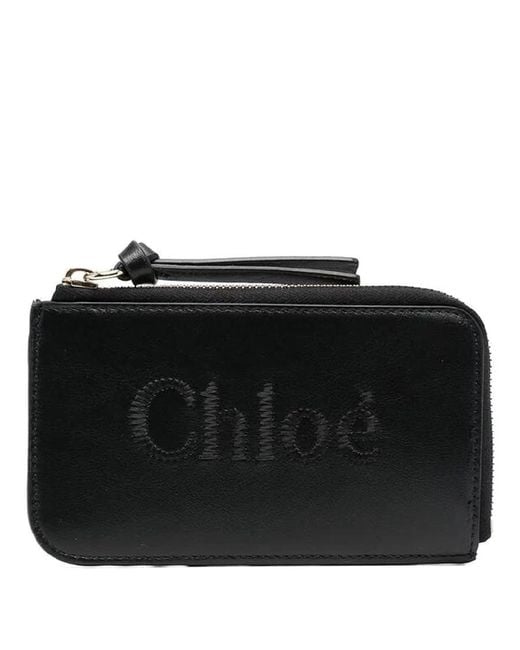 Chloé Black Logo Embroidered Sense Soft Leather Card Case