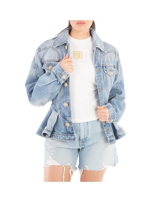Balmain Blue Logo-Buttons Pleated Denim Blazer