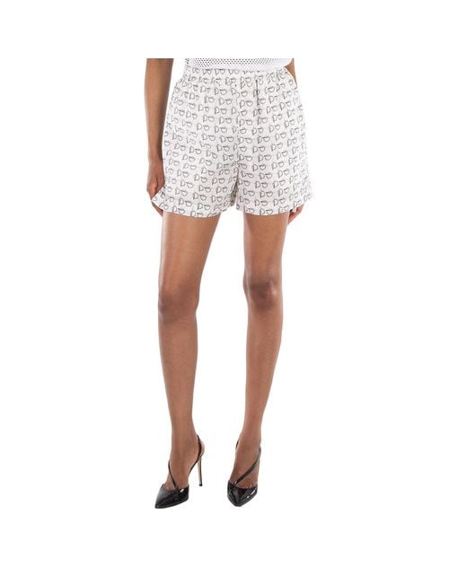 Burberry White All-Over Toggle Print Silk Shorts, Brand Size 8 (Us