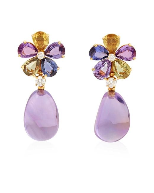 BVLGARI Purple Sapphire Floral 18k Yellow Gold Earrings