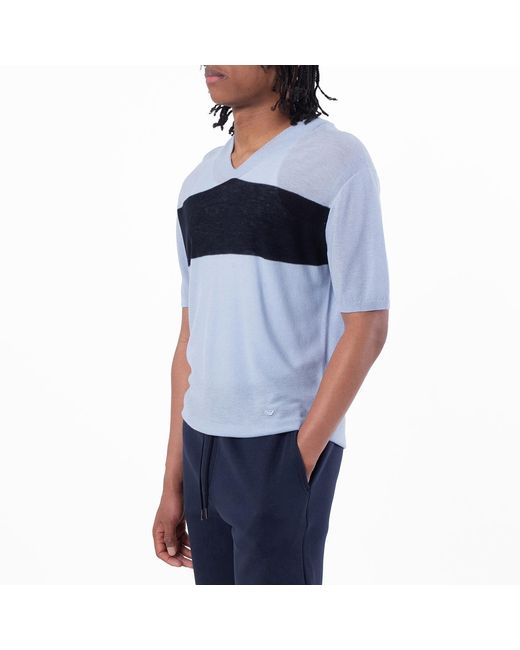 Emporio Armani Blue Colour Block V-Neck T-Shirt for men