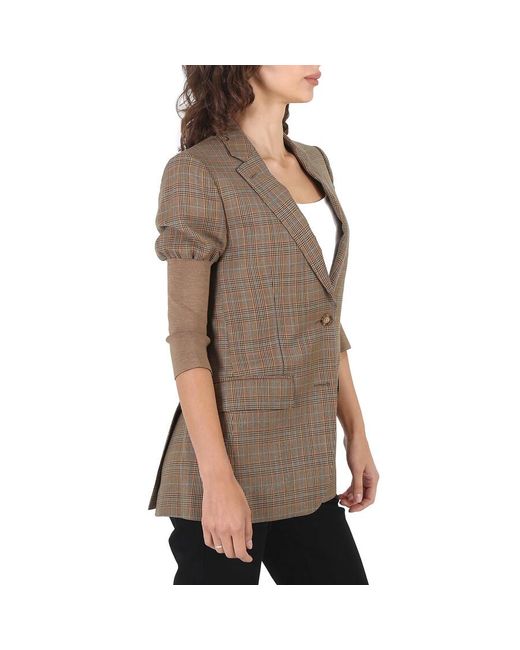 Burberry Brown Fawn Knitted Sleeve Houndstooth Check Wool Tailo Jacket