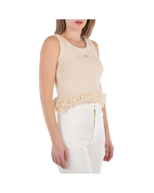 Rabanne White Logo-Plaque Fringed Knitted Top