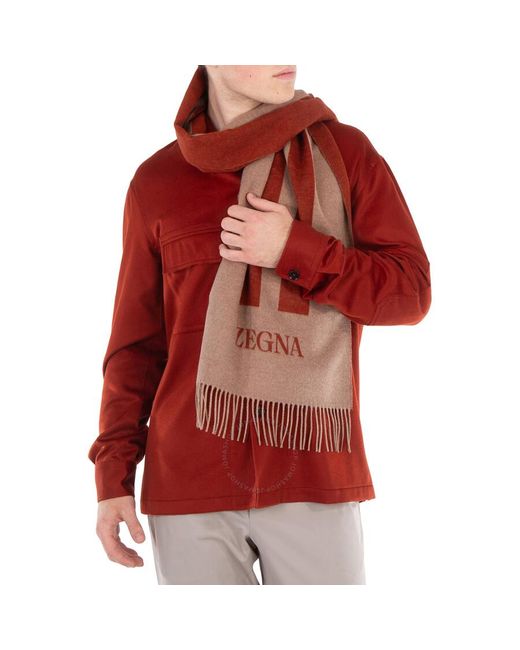 Zegna Red Logo Intarsia Fringed Scarf for men