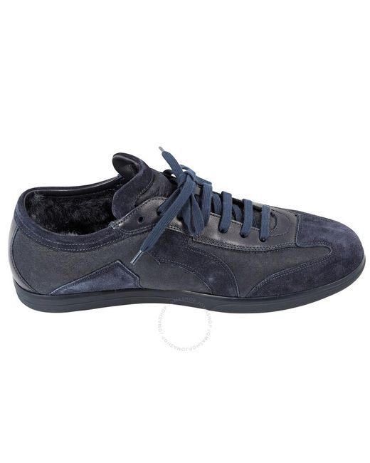 Ferragamo Blue Benbow Low Top Suede And Leather Sneakers for men