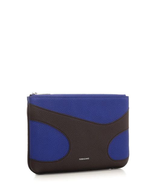 Ferragamo Blue Cut-Out Detail Leather Pouch for men