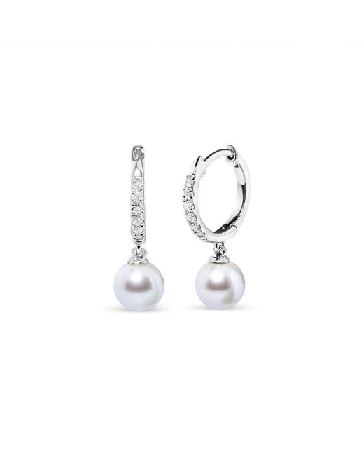 Haus of Brilliance White 10K 6X6 Mm Cultured Freshwater Pearl And Diamond Accent Drop Huggy Earring (H-I Color, I1-I2 Clarity)