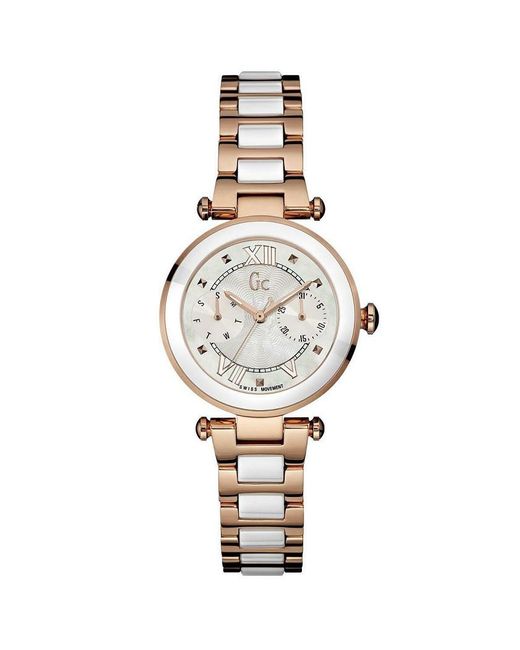 Guess Ladychic Quartz Mother Of Pearl Dial Watch In Gold Tone Mother Of