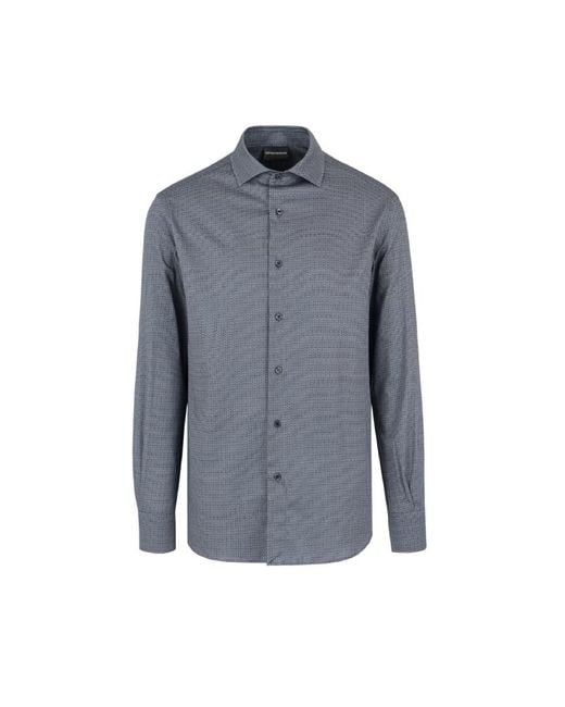 Emporio Armani Blue Printed-Pattern Long-Sleeve Stretch Cotton Shirt for men
