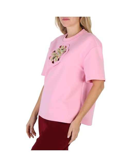 Area Pink Mussel Flower Embellished Cutout Jersey T-shirt